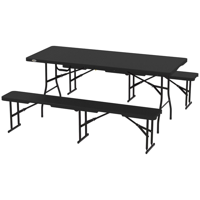 Ensemble de Table et Banc de Pique-Nique Pliant 3 Pcs de 6 Pi, Mobilier de Camping Extérieur en Faux Rotin Noir HDPE et Métal pour Cour Arrière, Patio, Jardin et Sorties de Camping, Aucun Assemblage Requis