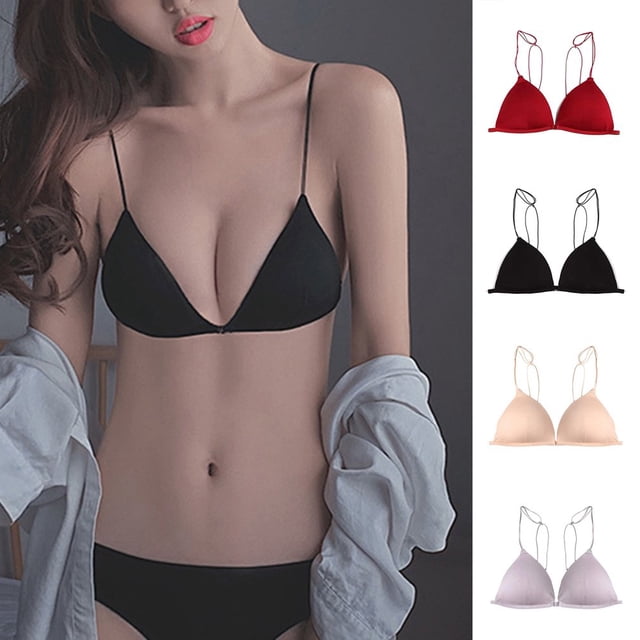 AMERTEER Triangle Cup Front Buckle Spaghetti Strap Bra Seamless Push Up Thin Underwear for Daily Wear Dark Red S