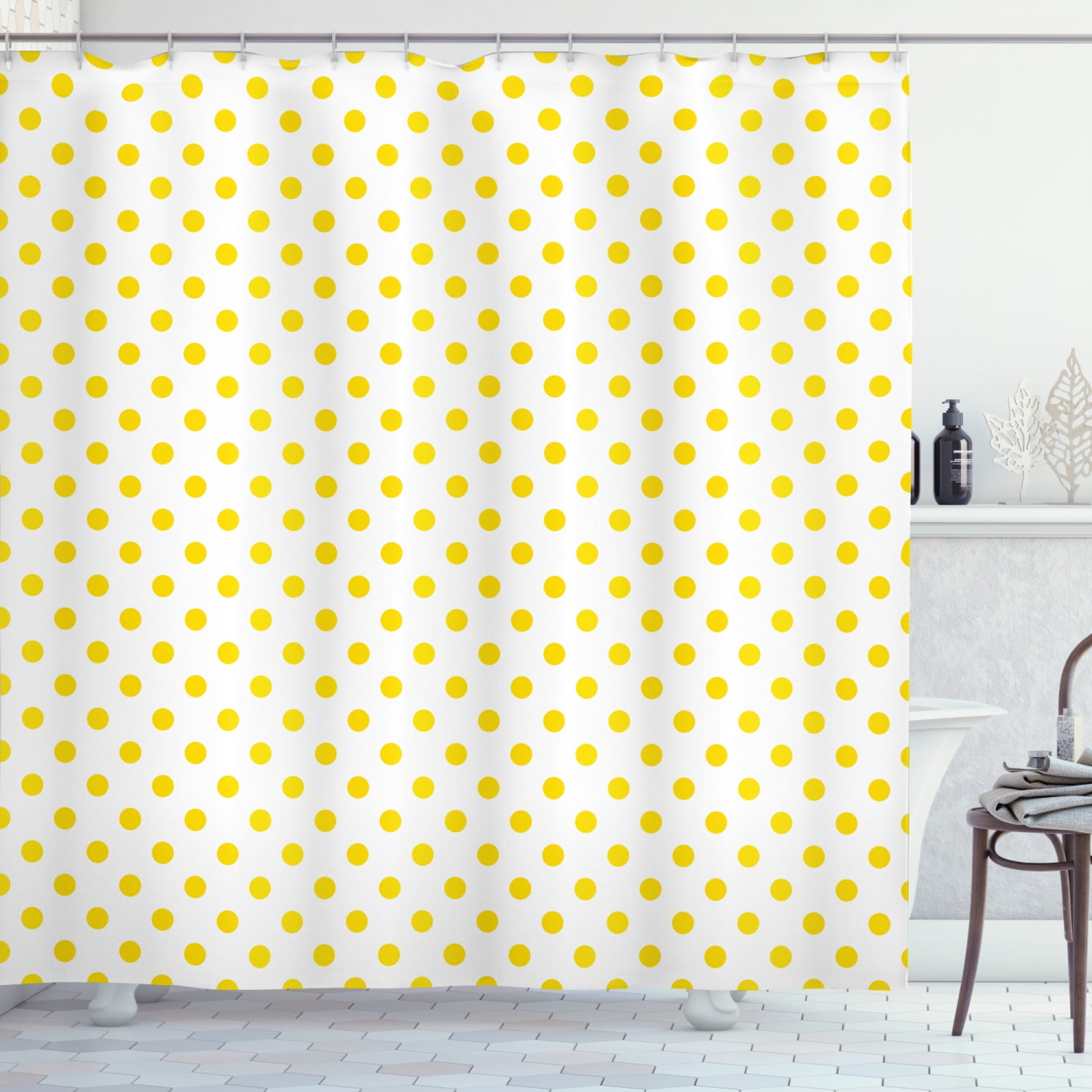 Yellow Shower Curtain, Picnic Like 50s 60s 70s Retro Themed Yellow Spotted White Pattern Print
