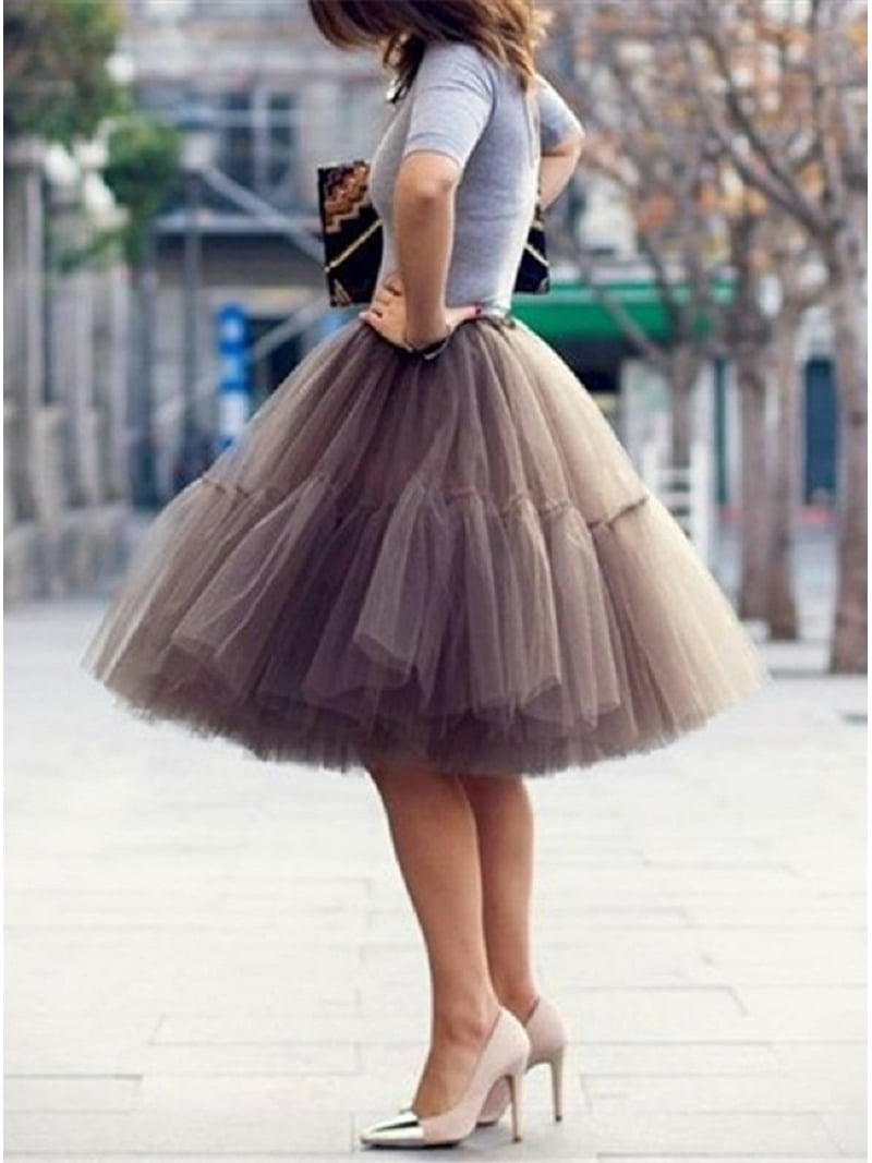 EllieWely 20+ Colors Women's Mid Length Tulle Tutu Skirt Brown