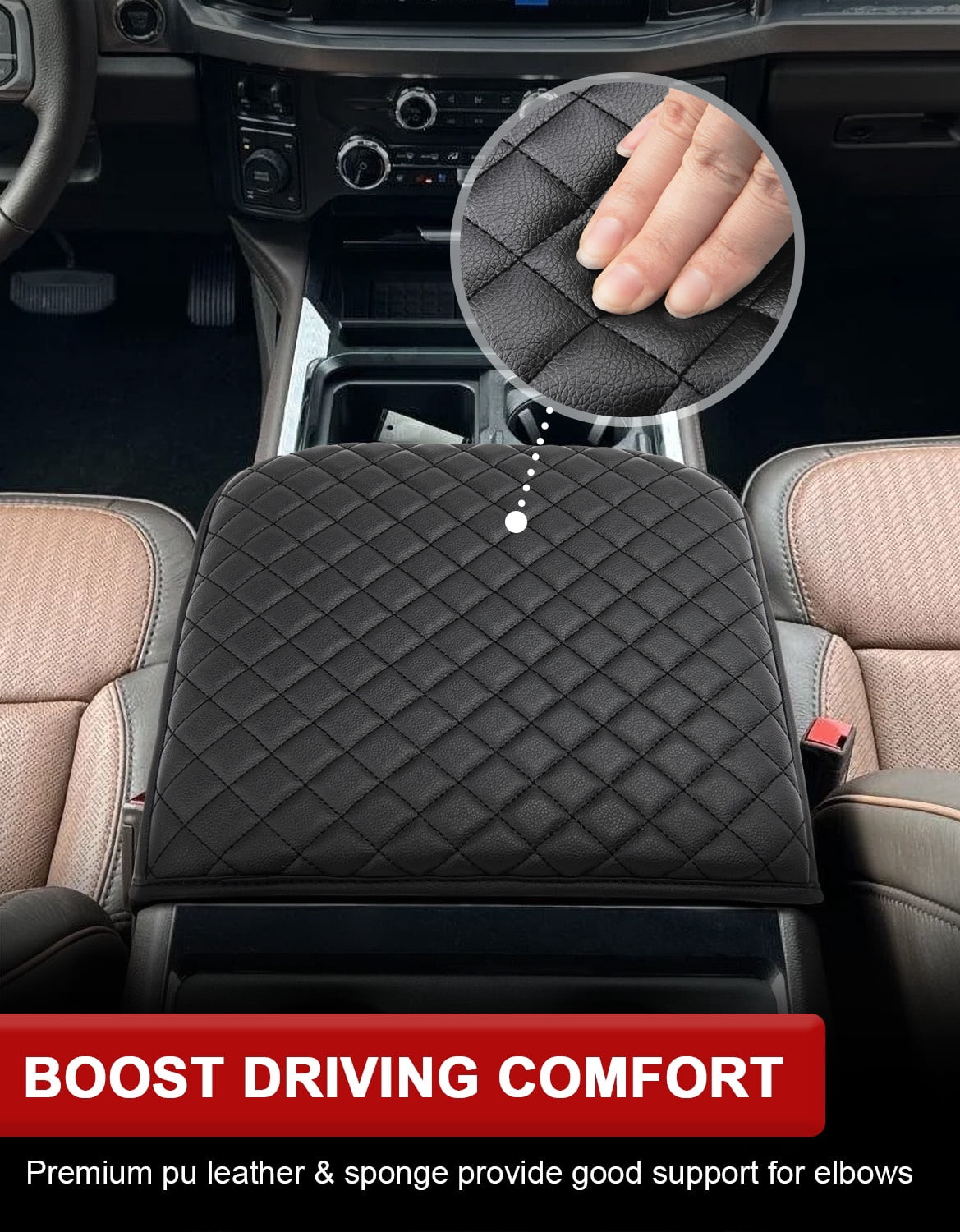 KBH Center Console Cover for 2023-2026 Ford F250 F350 F450 F550 Super Duty Accessories, Black Leather Middle Console Lid Armrest Cushion Pad for Truck Interior(Bucket Seat)