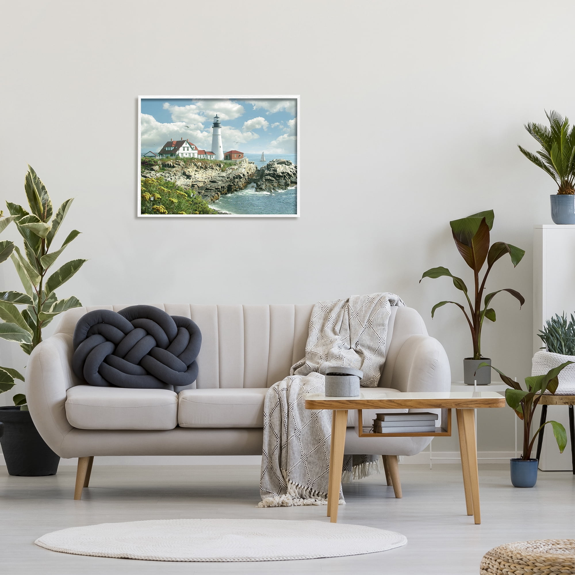 Stupell Industries Portland Head Lighthouse Scene Grassy Ocean Side Peninsula with Sail Boat Graphic Art White Framed Art Print Wall Art, 24x30, by Alan Giana & Company