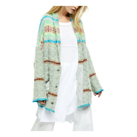 FREE PEOPLE Womens Green Striped Long Sleeve Open Cardigan Sweater Size: L