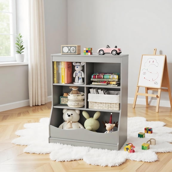 Topcobe 3-Tier Children's Multi-Functional Bookcase Toy Storage Bin Floor Cabinet, Kids Toy Storage Organizer-Gray