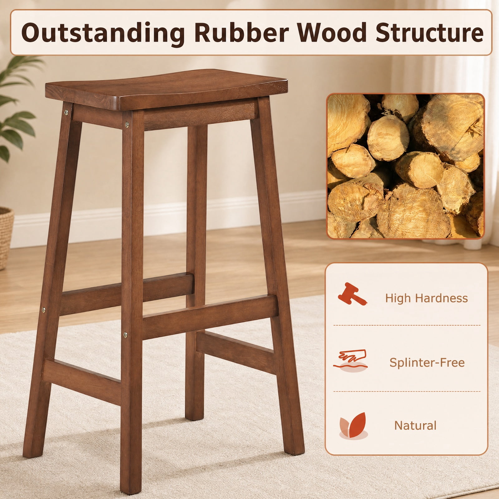 Furnibear 29" Set of 2 Saddle-Seat Counter Height Stools with Curved Seat and Footrests for Kitchen Island Counter Bar Pub Dining Home, Walnut