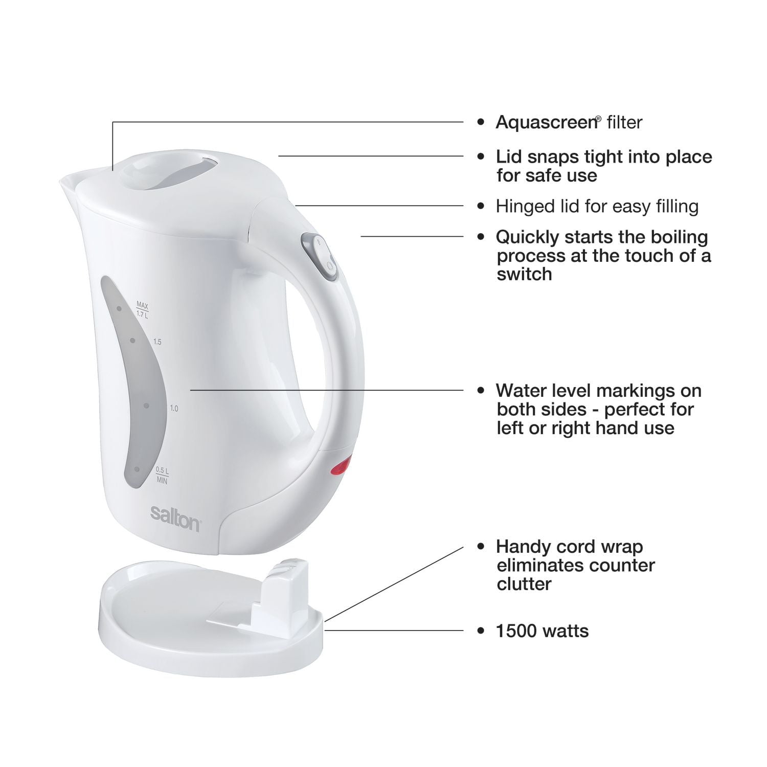 Salton Cordless Jug Kettle 1.7 Liter – White – 1500 watt