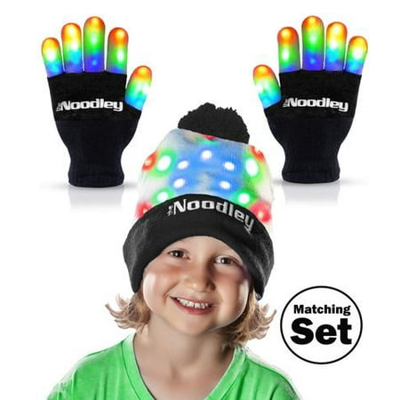 The Noodley Flashing LED Light Gloves and Beanie Hat Set for Kids and Teens (Black