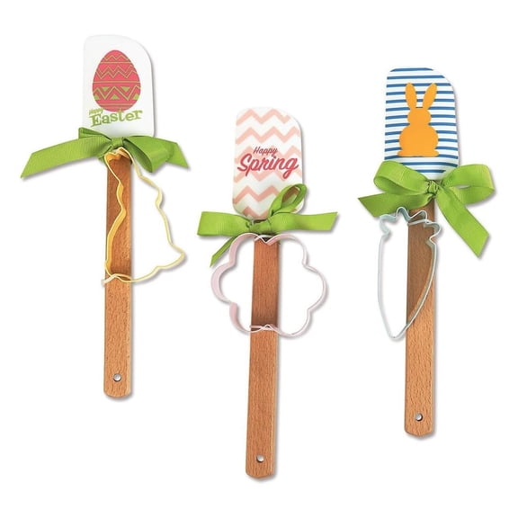 Easter Spatulas and Cookie Cutters - Set of 3, 10 1/2” spatula, up to 2”x 3 1/2” cookie cutter.