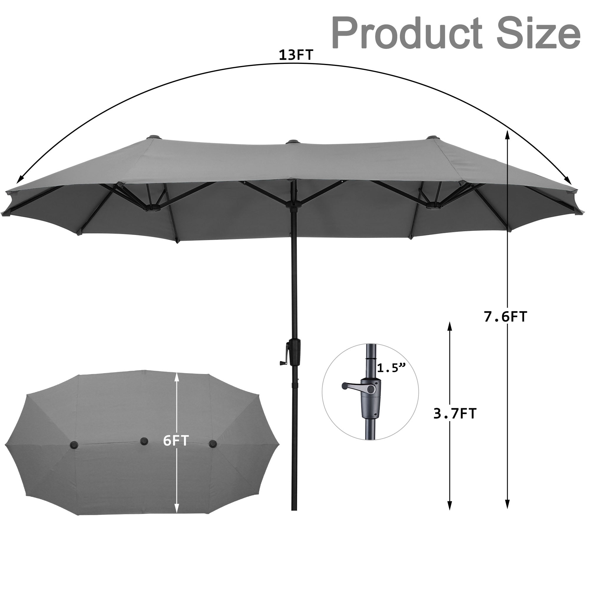 Autlaycil 13ft Rectangle Patio Umbrella with Crank System, Sturdy Ribs for Pool, Yard, Market - Gray