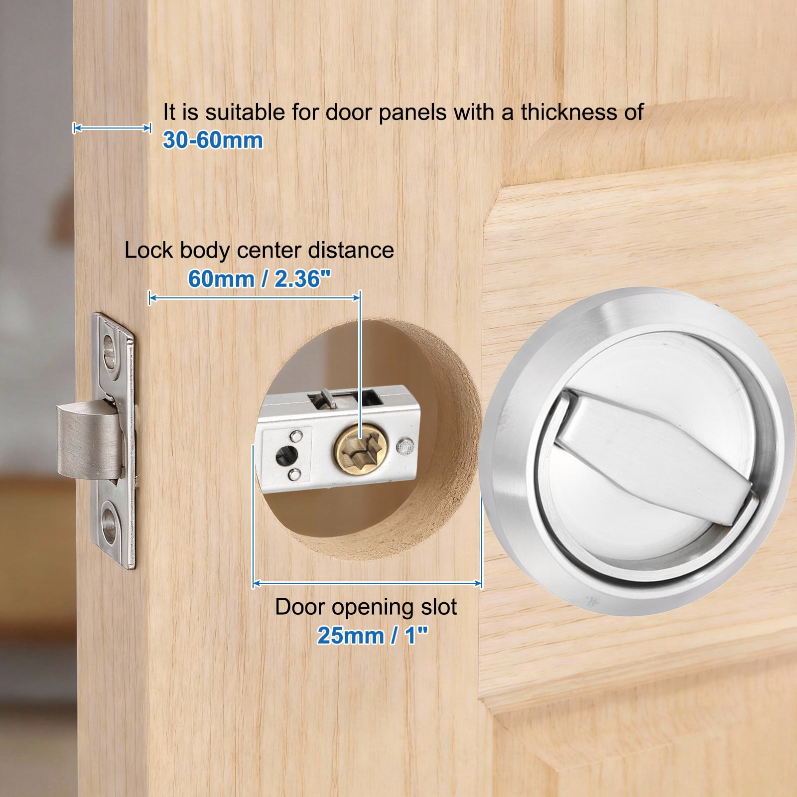 Uxcell Round Recessed Door Lock, (Lock Length 3.46 Inch, Silver) (1 Set), Recessed Door Knob, Suit for - Bedrooms/Kitchens/Bathrooms