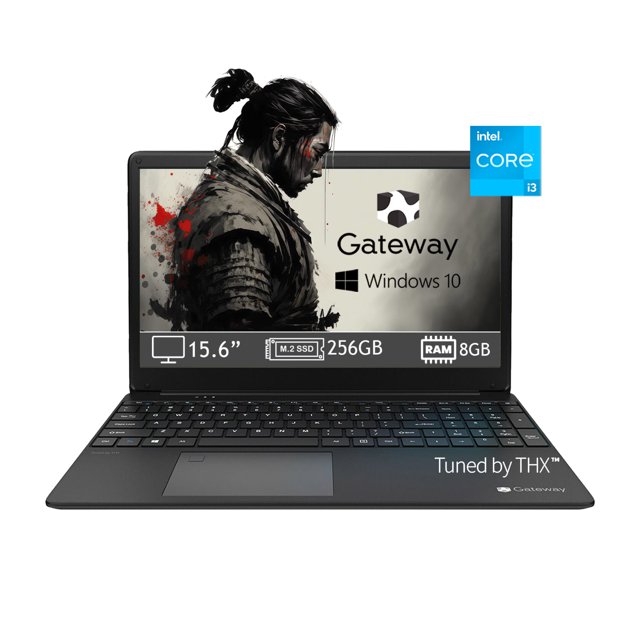 laptop Gateway negro 15.6 pulgadas, teclado y sistema operativo en inglés; vista frontal centrada con pantalla abierta que muestra logo Gateway y Windows 10, procesador Intel Core i3-1115G4, 8GB RAM y 256GB SSD indicados en pantalla. Ultrafina con acabado metálico, teclado completo en inglés y touchpad; adecuada para tareas diarias y frecuentemente usada por estudiantes para trabajo y viajes cortos.