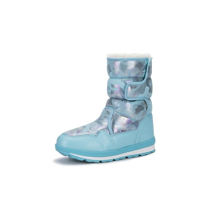 

Eloshman Womens Mens Snow Boots Faux Fur Warm Shoes Mid Calf Winter Boot School Hook And Loop Plush Lined Non-Slip Lake Blue 4Y