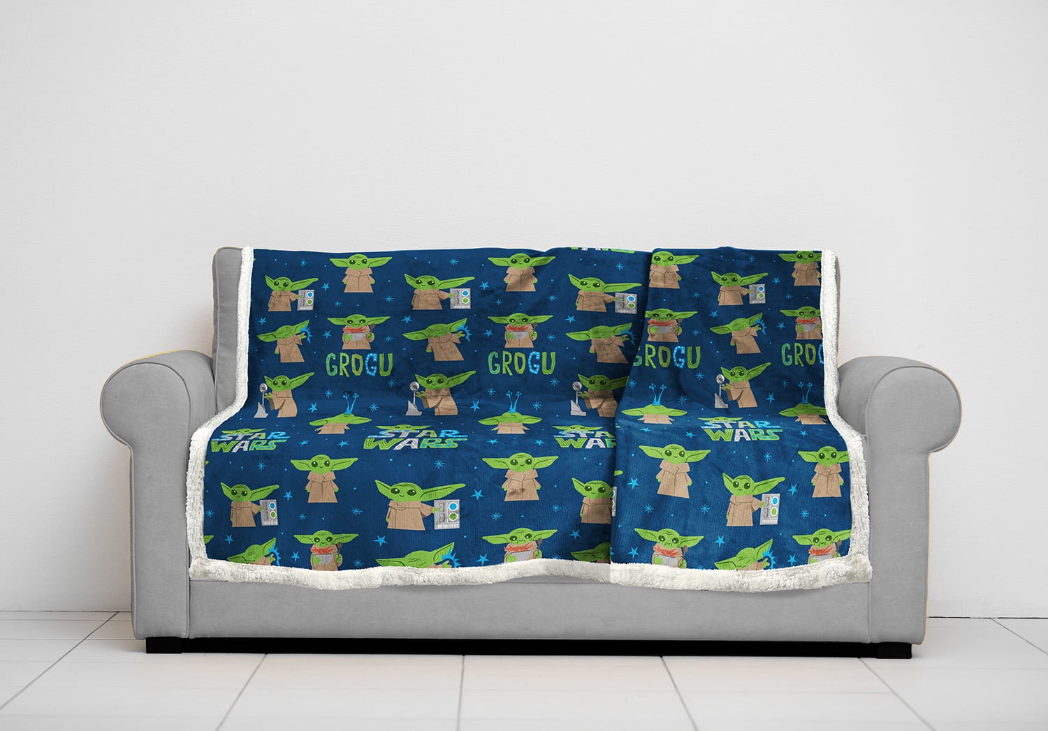 Baby Yoda Starry Child Sherpa Back Throw Blanket, 60" x 90", Microfiber, Blue, Star Wars