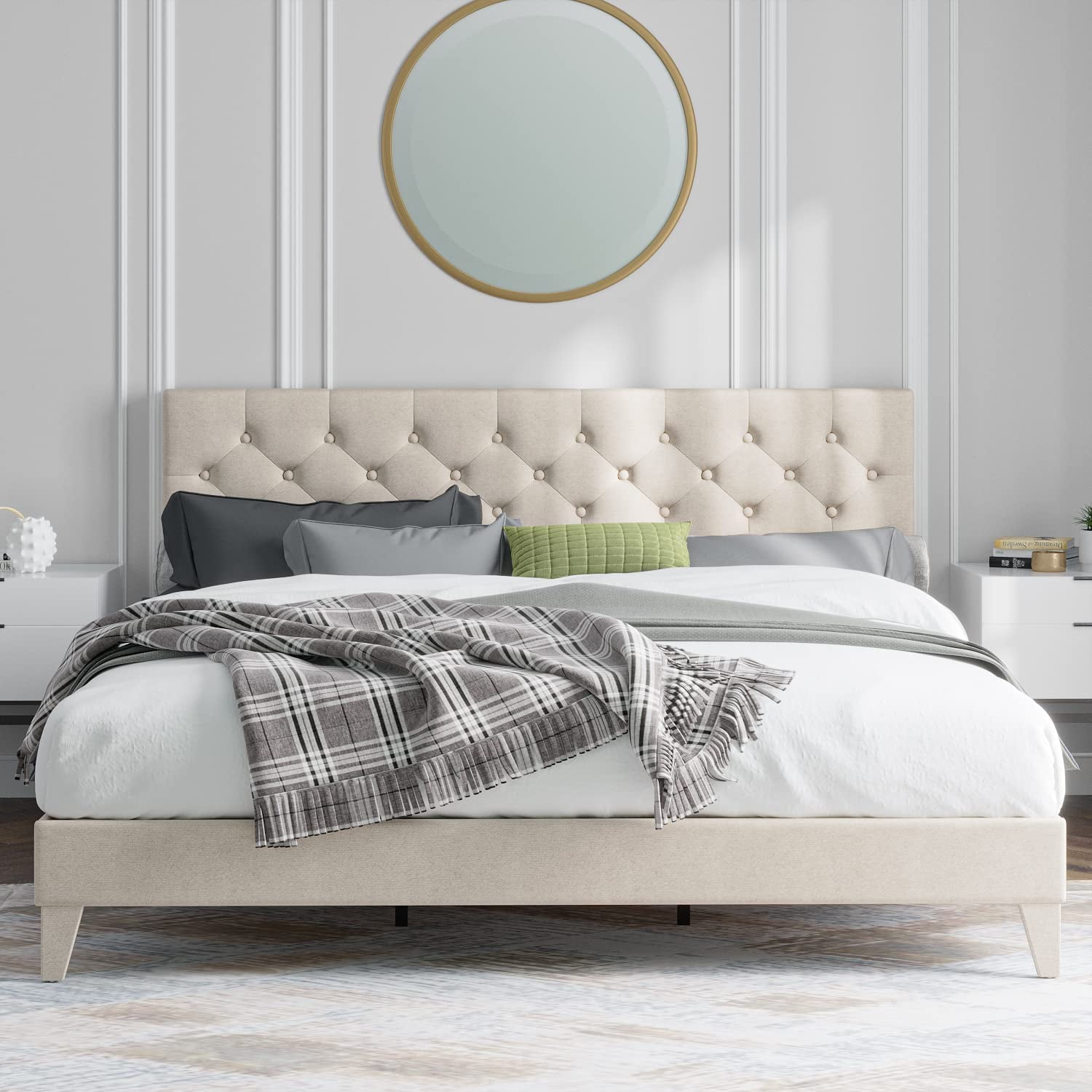 LIGHT BEIGE Upholstered  Linen Platform Bed Frame & Slats Modern Home ALL SIZES 