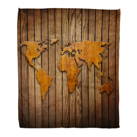 KDAGR Flannel Throw Blanket Brown Carve World Map Carving on Wood Plank Table Wall Vintage Timber Old 50x60 Inch Lightweight Cozy Plush Fluffy Warm Fuzzy
