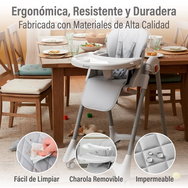 Bebbly Silla Alta para Bebé con Patas de Madera Antiderrapante Asiento Ergonómico con Charola y Arnés de Seguridad Ideal para Comer o Jugar Niños y Niñas desde 6 Meses Moderna y Fácil de Limpiar