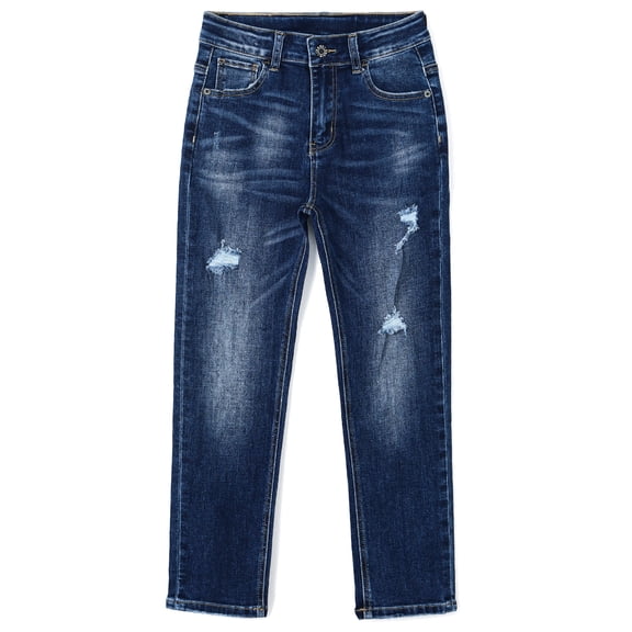 KIDSCOOL SPACE Big Boys Jeans,Elastic Band Inside Ripped Slim Fit Denim Pants,Deep Blue,8-9 Years