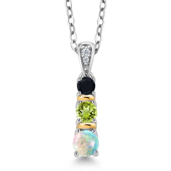 Gem Stone King 925 Silver and 10K Yellow Gold Round White Simulated Opal Green Peridot and Black Onyx Pendant Necklace for Women (0.56 Cttw, Gemstone October Birthstone, with 18 inch Chain)