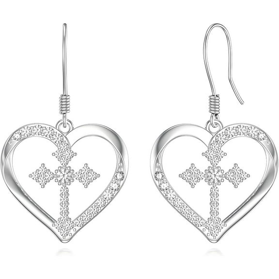 THOYAS Sterling Silver Cross Heart Moissanite Women's Drop Earrings Heart Drangle Earrings for Women's Bridal Jewelry Birthday Valentine's Day Christmas Gift for Her