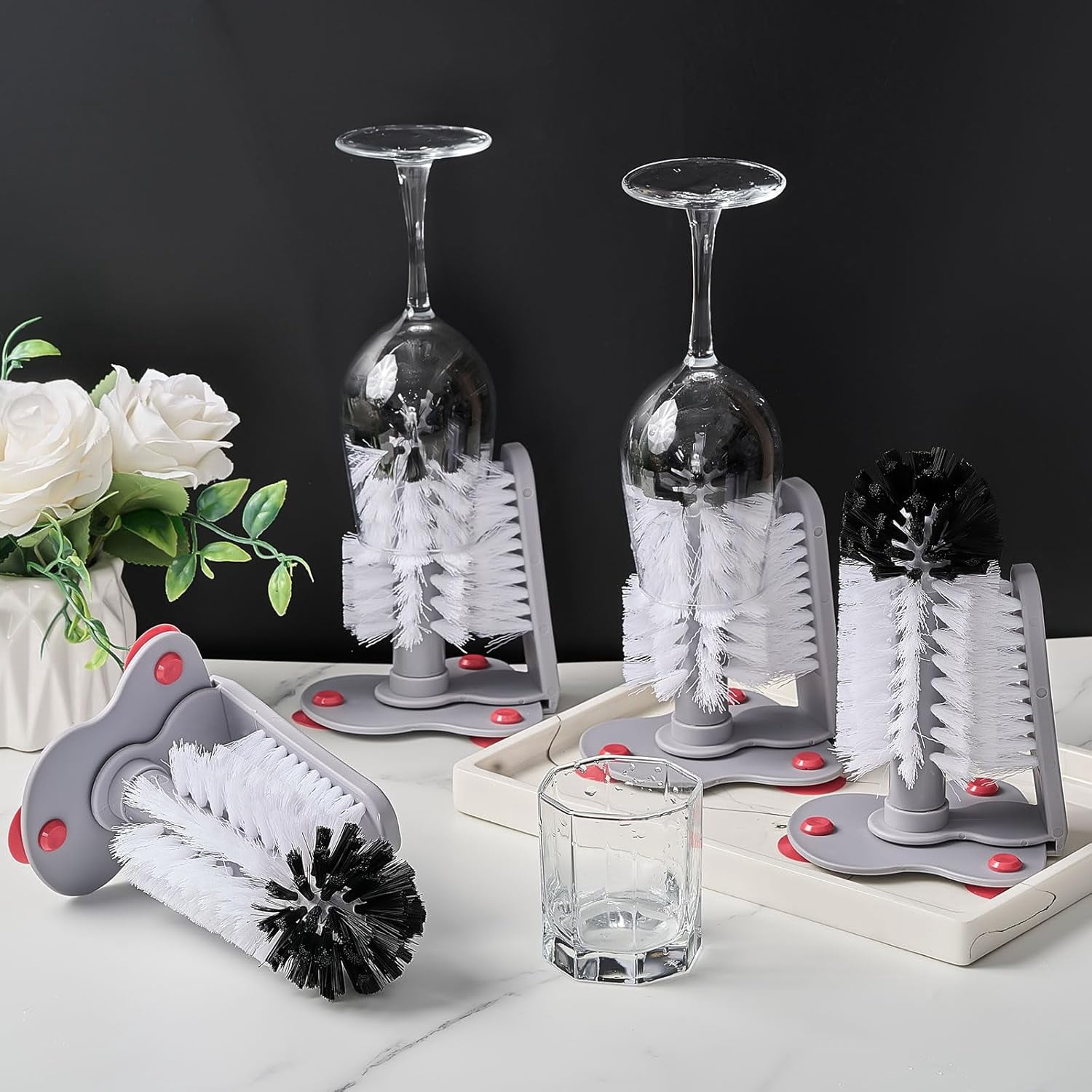 4 Pack Cup Washer Double Bristle Brush with Suction Base Glass Cleaner for Kitchen Bar Sink Wine Glass, Beer Mug (7.48'')
