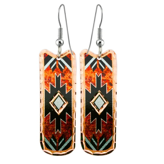 Maroon and Turquoise Color Arrowhead Earrings. Rectangular Shaped Native Inspired Jewelry Handmade Copper Earrings