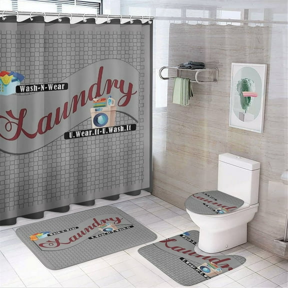 Laundry Shower Curtain Set Modern Bathroom Decor Mats 4pcs Fabric Bathroom Curtain Slip Floor Rug Toilet Lid
