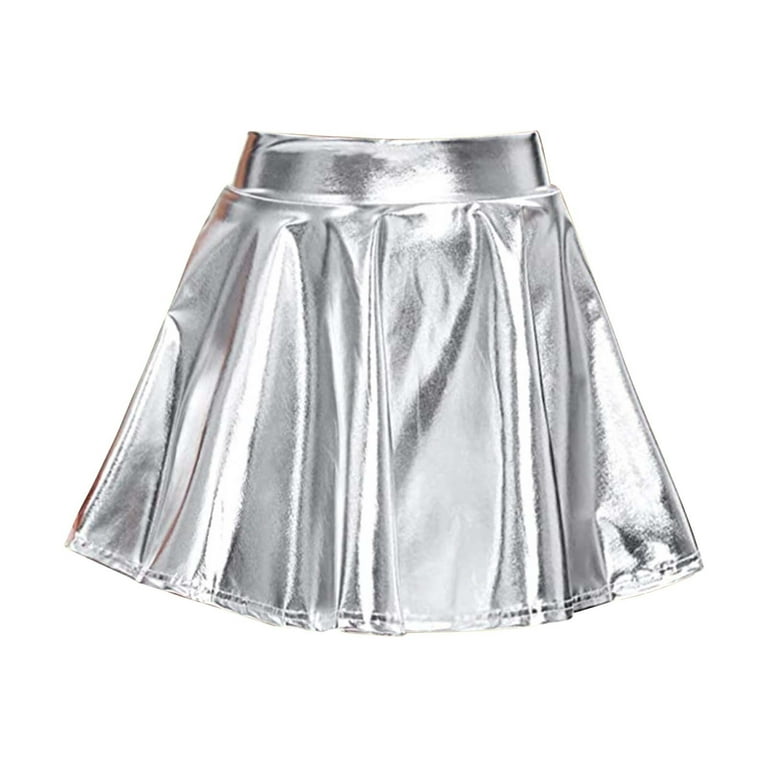Shorts Skirts for Women Solid Shiny Flared Pleated Mini Skirt Sexy Party  Skirt Skirts for Women Silver