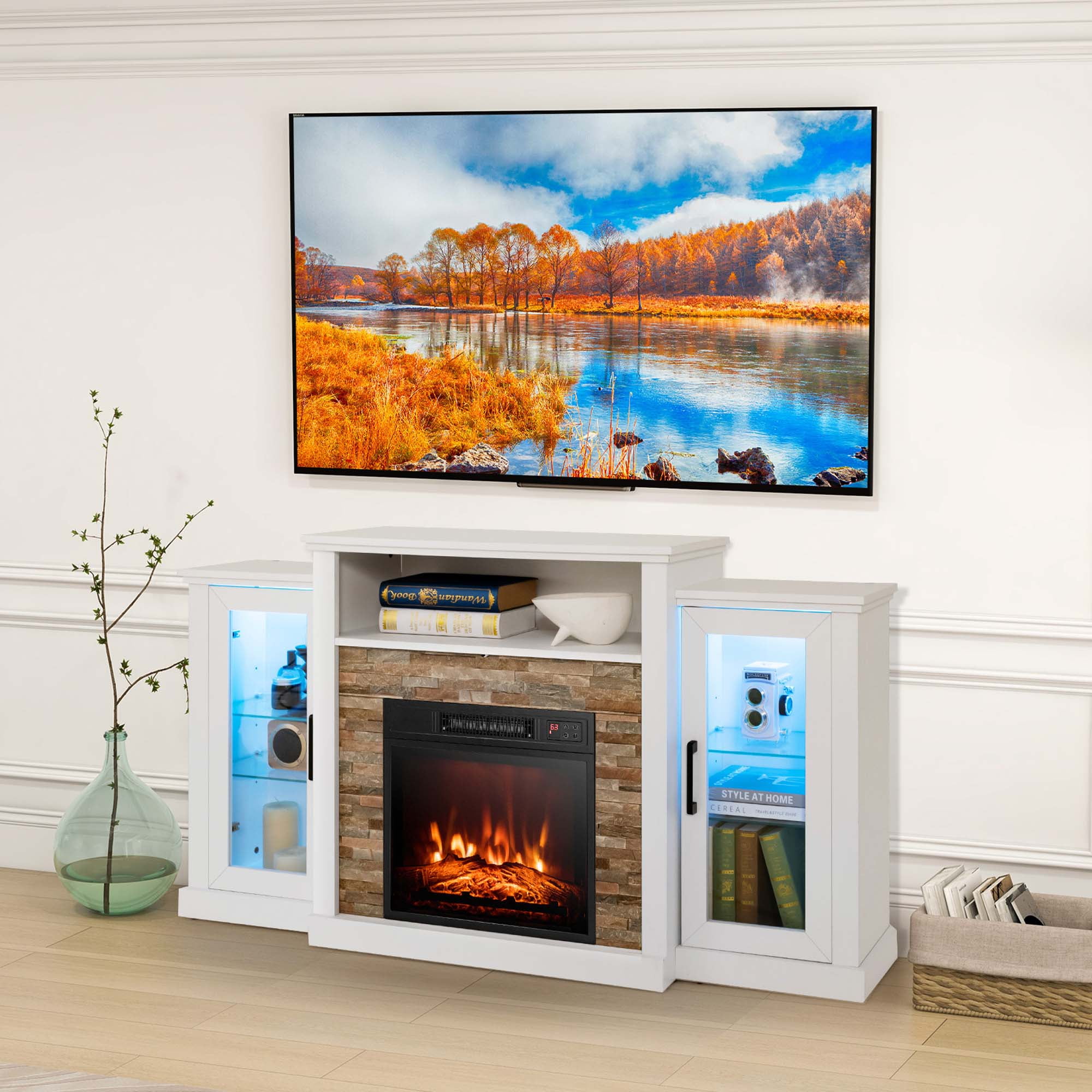 Costway Fireplace TV Stand with Led Lights & 18'' Electric Fireplace For 65" Wall-Mounted TV White
