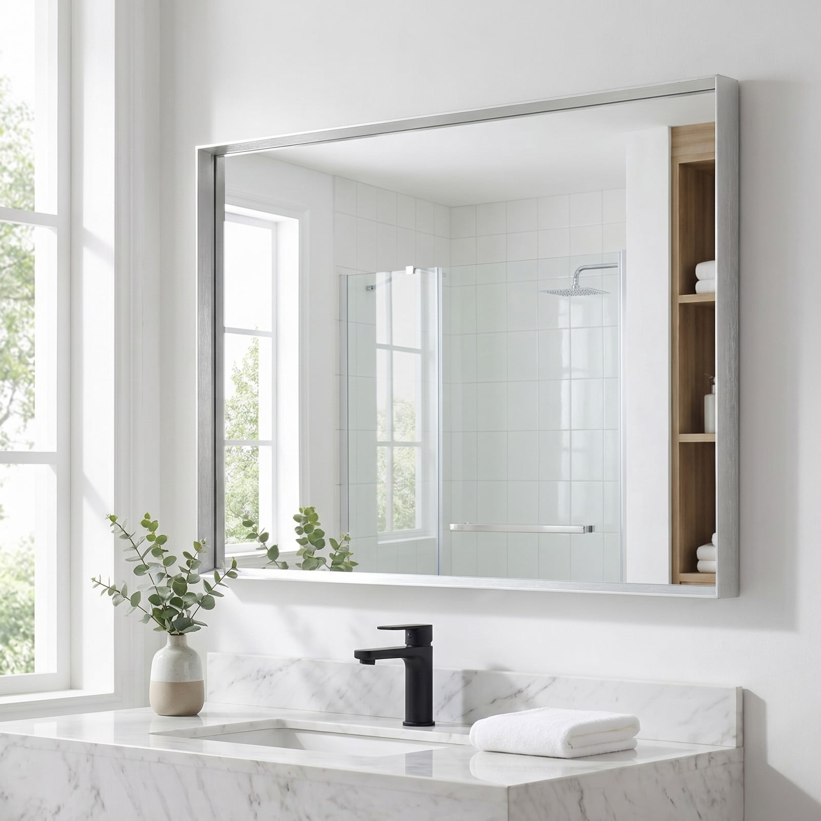 Gleamira 32"x48" Rectangular Bathroom Mirror Wall Vanity Mirror with Deep Frame, Silver