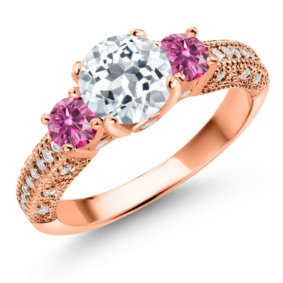 Gem Stone King 18K Rose Gold Plated Silver White Topaz Pink Moissanite and White Moissanite Engagement Ring for Women (2.19 Cttw, Gemstone November Birthstone, Round 7MM and 4MM, Size 5)