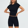 thumbnail image 6 of Scyoekwg Womens Lounge Sets 2 Piece Outfits Casual Solid Color Short Sleevele Round-Neck Tops Shorts Running Gym Sprots Sets (Navy,M), 6 of 7