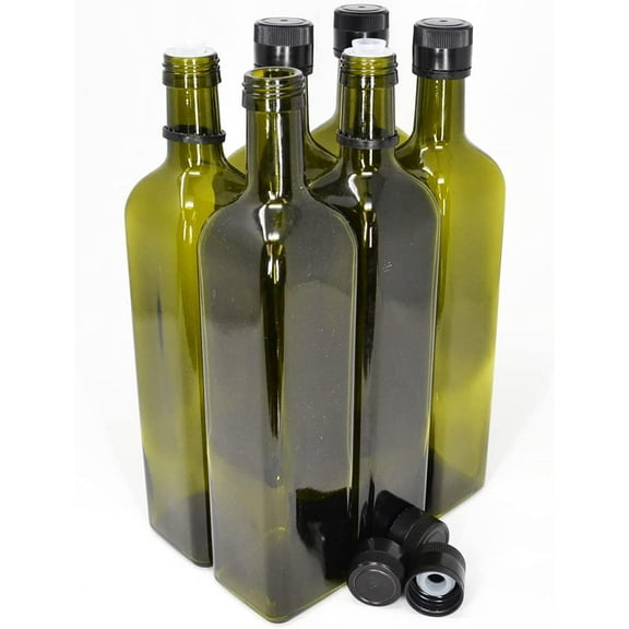 Olive Oil Bottles with Cap & Pourer Fitment, Green, 750ml - Pack of 6