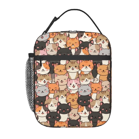 Cute Cat Lunch Bag Portable Handheld Reusable Insulated Cooler Tote Front Pocket Work Office Picnic Food Container Travel