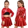thumbnail image 6 of Hansber Kids Girls Hip Hop Dance Outfit Shiny Metallic Cropped Hoodie Sweatshirt Sports Bra and Skirt Set Red Black 10, 6 of 6