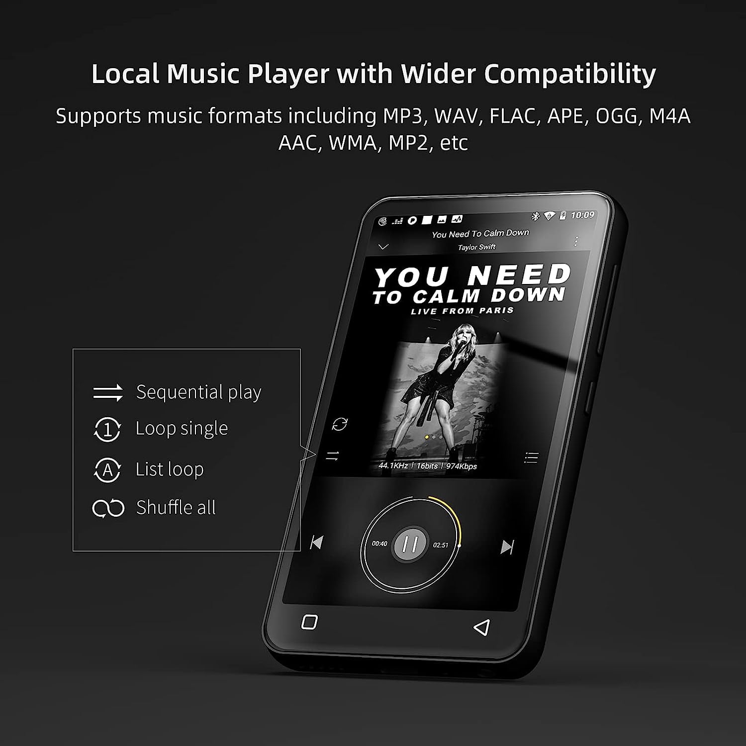 16GB MP3 Player with Bluetooth, S2 WiFi MP4 MP3 Player with Spotify, Spotify Kids, Audible, 4" Android Music Player Up to 1TB (Black)