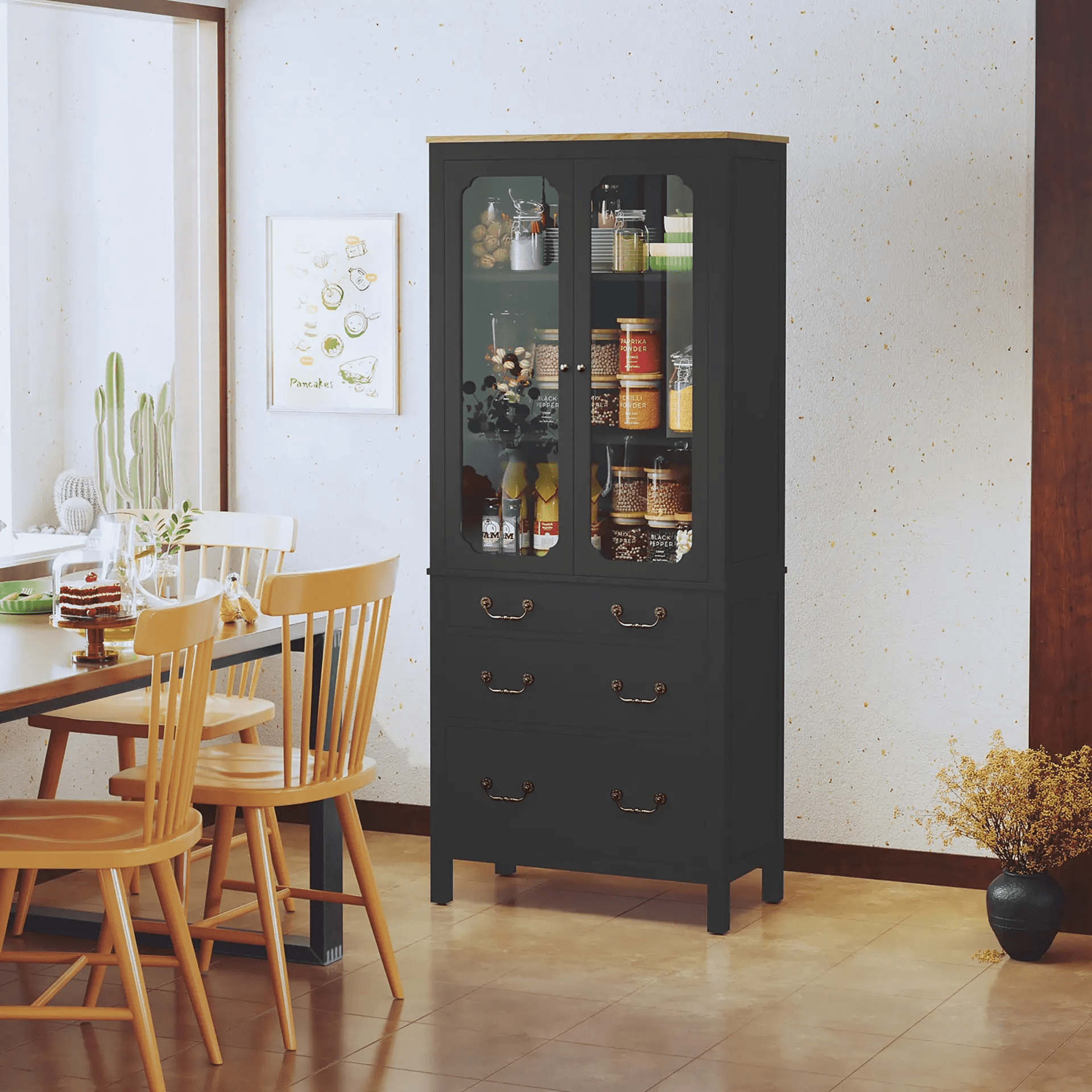 Kitchen Pantry Cabinet, Freestanding Tall Storage Cabinet, Utility Cupboard, Pantry Cabinet with Tempered Glass Doors and Adjustable Shelves for Kitchen, Living Room, Dining Room