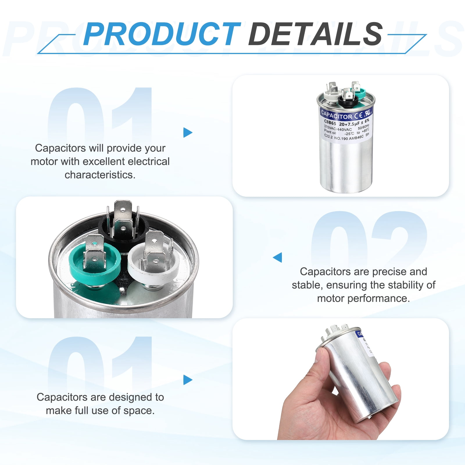 Uxcell 2Pcs 20+7.5 MFD CBB65 Run Start Capacitor 20+7.5 uF, 370/440V Round AC Capacitor for AC Motor Run, HVAC, Air Conditioner, Condenser Motors