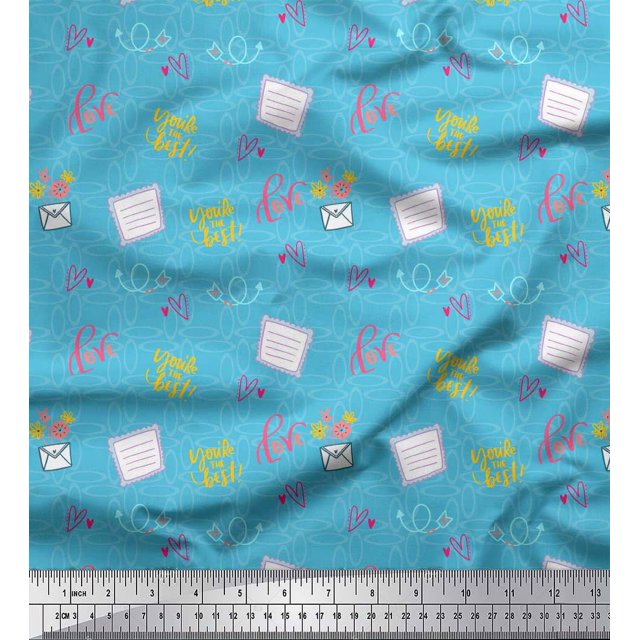 Soimoi Blue Poly Georgette Fabric Heart & Love Text Decor Fabric Printed Yard 42 Inch Wide