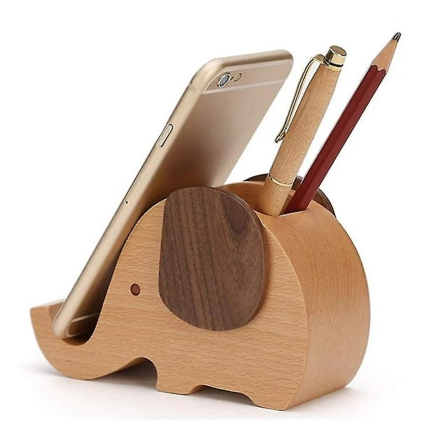 Soporte de teléfono con bolígrafo de madera, soporte para teléfono con elefante, soporte para teléfono con animales, escritorio Decoración de madera con forma de elefante para bolígrafos