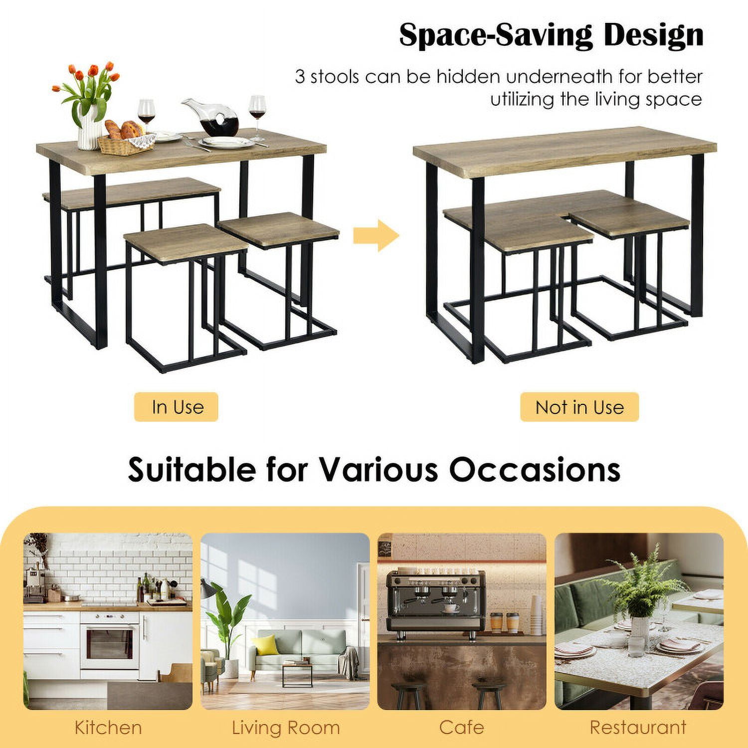 Finihen Dining Set, Dining Table Set, 4 Pieces Industrial Dinette Set with Bench and 2 Stools, for Home, Restaurant, Oak Finihen Dining Set, Dining Table Set, 4 Pieces Industrial Dinette Set with Bench and 2 Stools, for Home, Restaurant, Oak