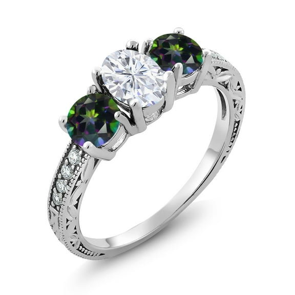 Gem Stone King 925 Sterling Silver Green Mystic Topaz Ring Set with Moissanite (2.12 Cttw) (Size 9)