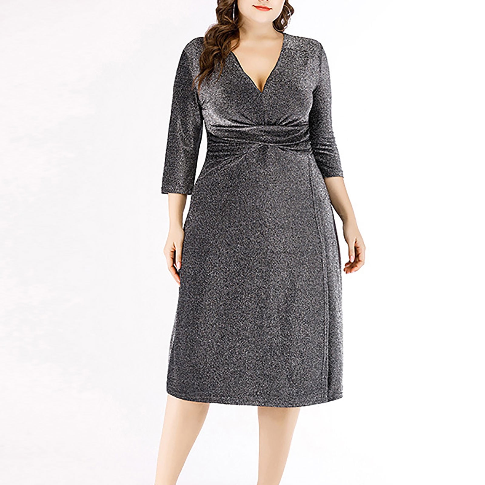 Sentmoon Plus Size Womens Dresses Elbow-length V Neck Fall Dresses for Women 2024 Sequins Fashion Midi Dresses,Plus Size Workout Womens Fashion Silver XXXL