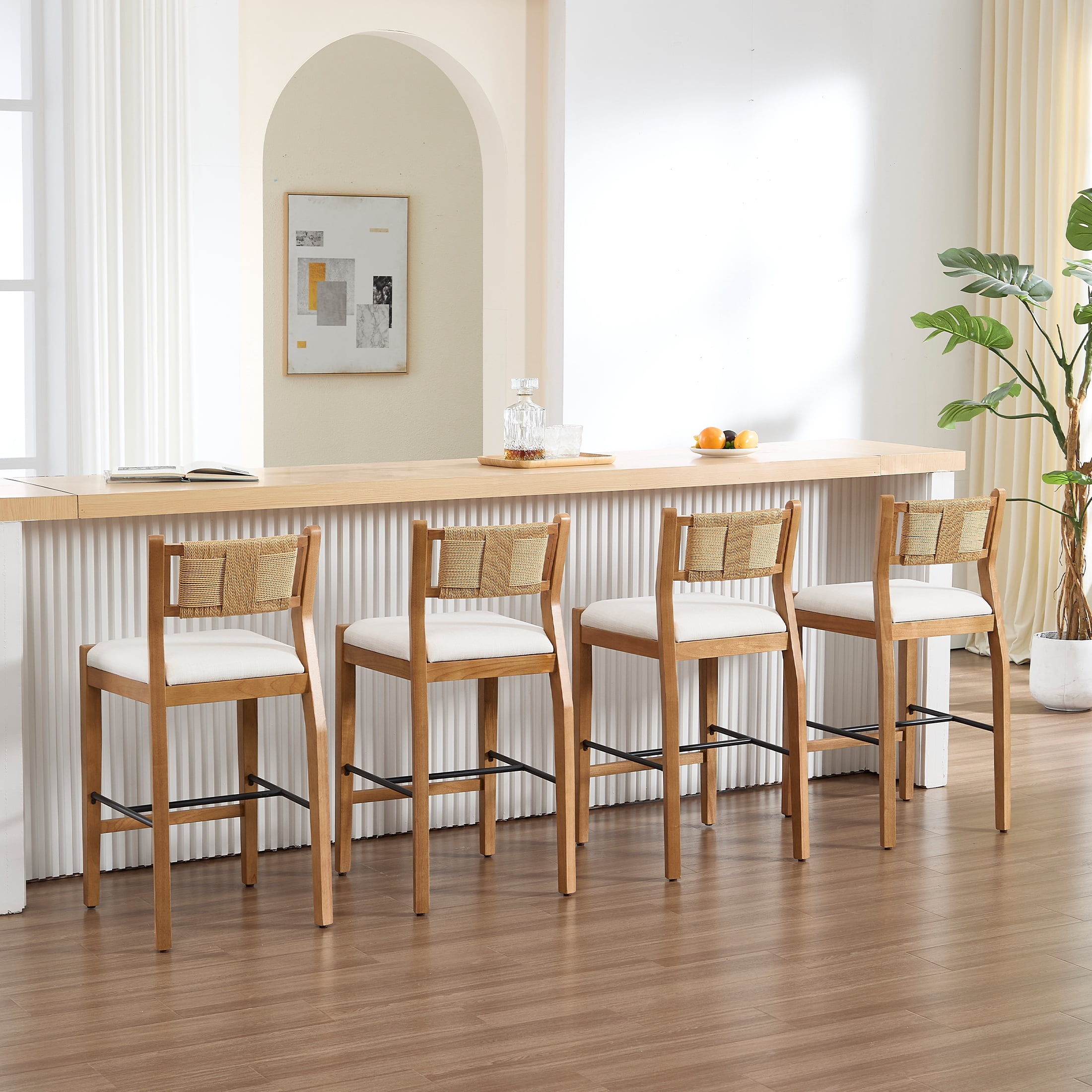 Guyou 26" Rattan Barstools Set of 4, Boho Solid Wood Counter Height Bar Stools, Linen Upholstered Kitchen Island Chairs for Dining Room Bar, Beige