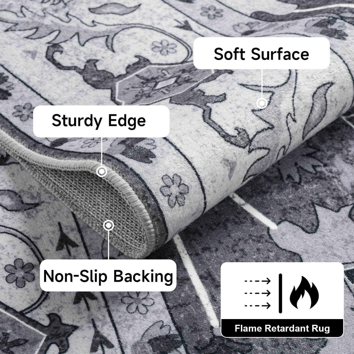 Wondo 6x9 Vintage Bohe Washable Black Area Rug for Living Room, Bedroom, Dining Room, Office, Nursery Anti-slip Easy Care Carpet, Ultra-thin Stain Resistant Indoor Low Pile Carpet