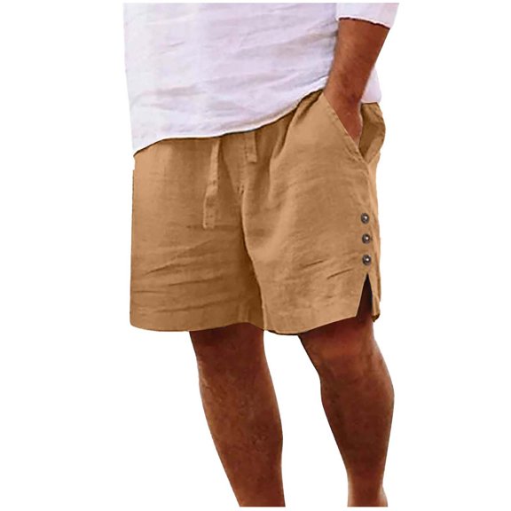 Busydd Men's Shorts Solid Color Elastic Waist Linen Shorts Casual Loose Side Slit Button Summer Shorts with Drawstring and Pockets S