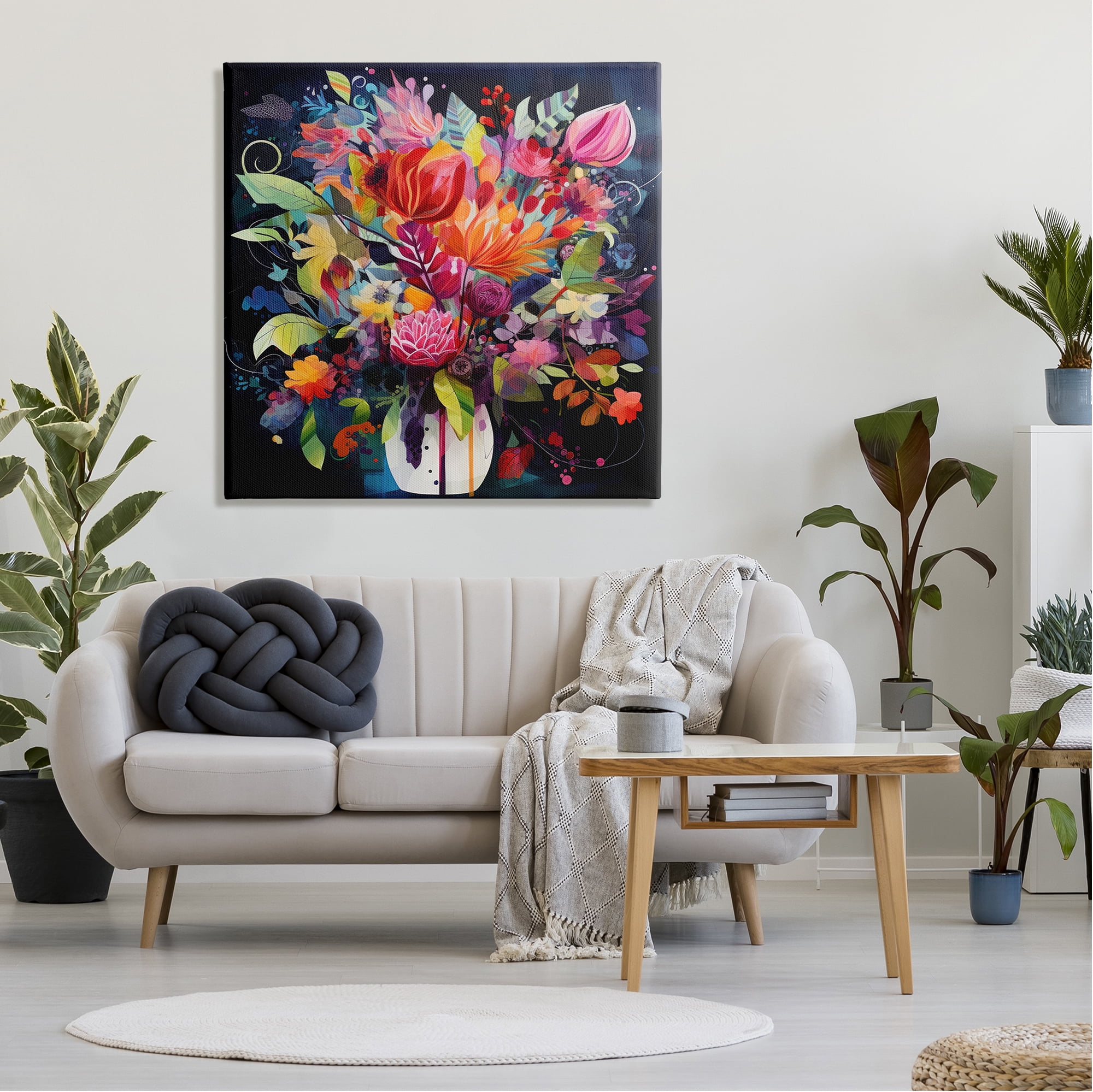 Stupell Industries Modern Flowers on Blue Botanical & Floral Painting Gallery Wrapped Canvas Art Print Wall Art, 36 x 36