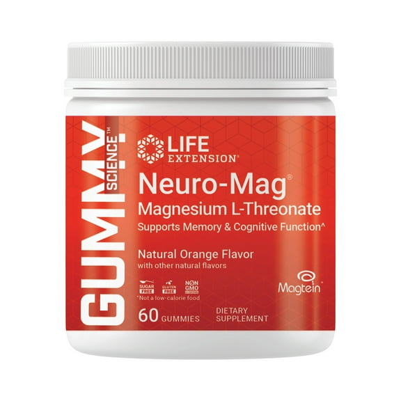 Life Extension Gummy Science™ Neuro-Mag® Magnesium L-Threonate, memory support, quick thinking, cognition, magnesium supplement, gluten-free, non-GMO, orange flavor, 60 gummies