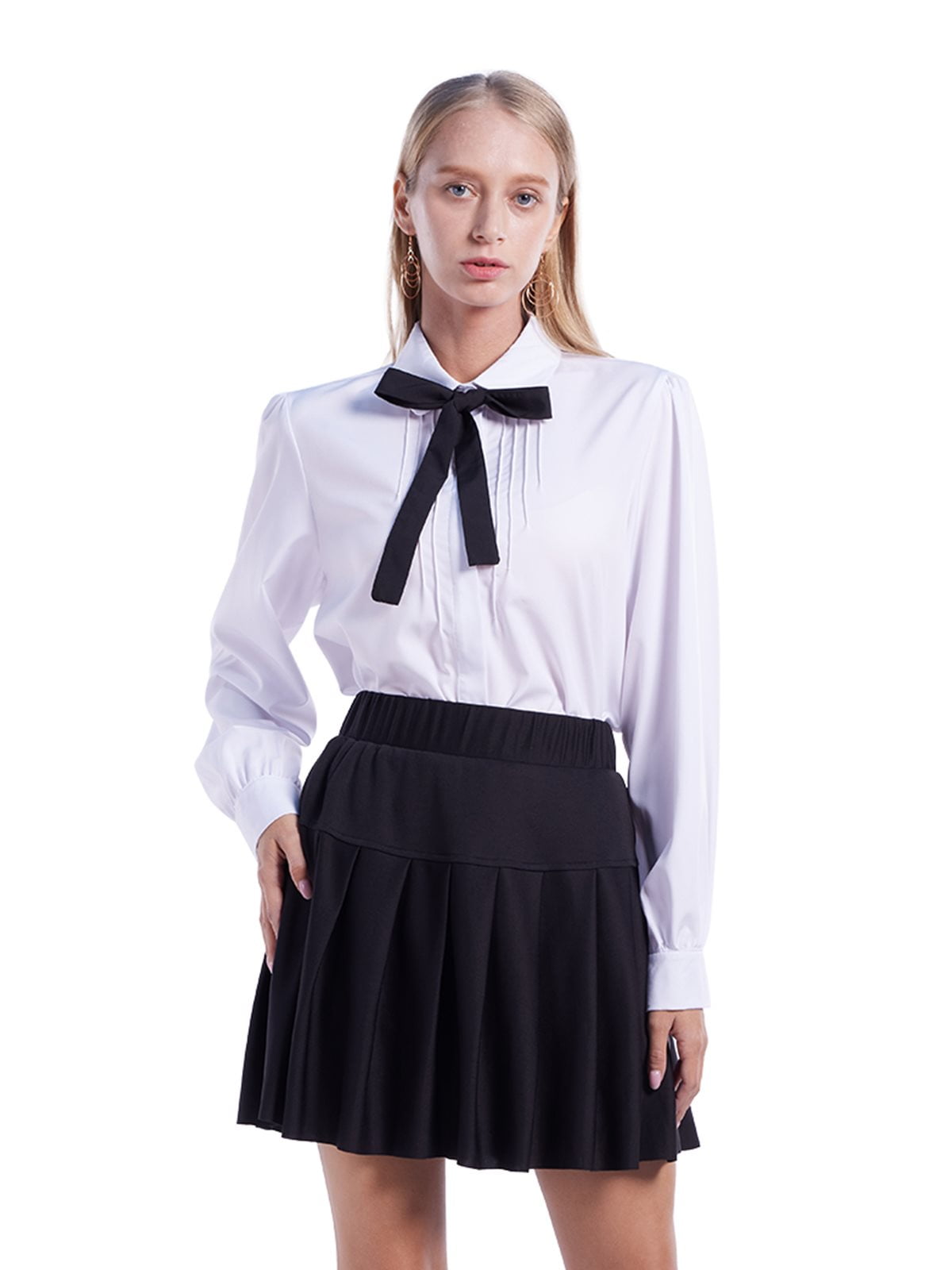 EFINNY Womens Button Down Shirts Long Sleeve Bow Tie Neck White OL Shirts,Ladies Work Dress