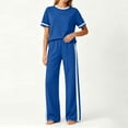 thumbnail image 5 of Oksale Pants Sets Women 2 Piece Outfits Petite Cozy Loose Short Sleeve Tops Stretch High Waisted Straight Leg Pants with Pockets Blue 2XL, 5 of 7