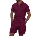 thumbnail image 2 of Men'S Half Zip for . Short Sleeve Shirt and Drawstring Shorts Two Piece Outfit Wine Red XXXL, 2 of 6